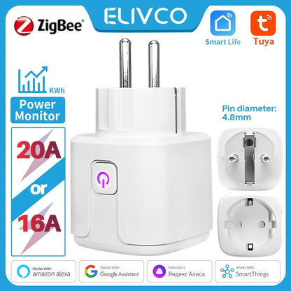 Tuya Smart Plug Zigbee EU 16A/20A Smart Socket With Power Monitor Timing Voice Control Works Whit Alexa Google Home Alice