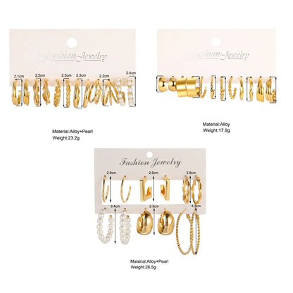 18Pcs Of Suit Women Earrings C Shaped Geometric Fake-pearl Metal Earrings Atmospheric Queuing Alloy Of Gold-color