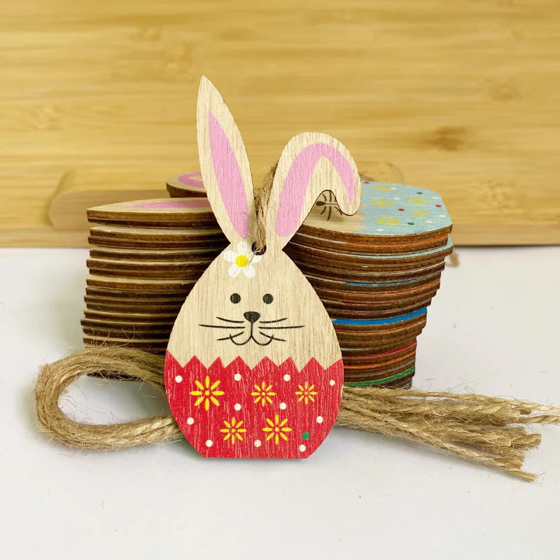 Wood Rabbit Chips Easter Wooden Crafts Random Painted Wood Bunny Rabbits for Home Decor Happy Easter Kids Toy Children DIY 10pcs