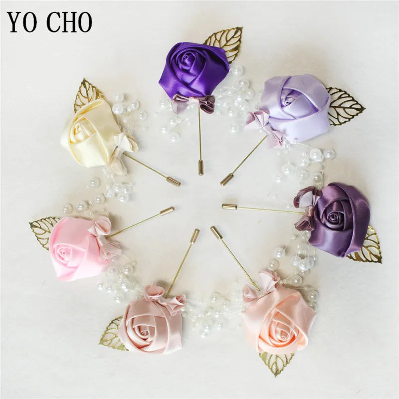 YO CHO Wedding Corsage Flower Silk Rose Groom Boutonniere Buttonhole Pin Boutonniere Men Wedding Planner Marriage Corsage Flower