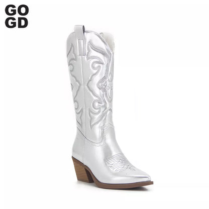 GOGD Cowboy Pink Cowgirl Boots For Women 2022Fashion Zip Embroidered Pointed Toe Chunky Heel Mid Calf Western Boots Shinny Shoes