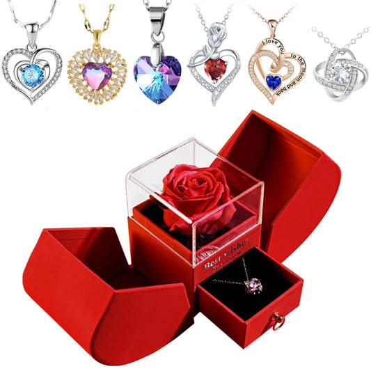 Gift for Women Eternal Rose Gift Box /w Heart Necklace I Love You To The Moon and Back Flower Jewelry Box for Valentine Wedding