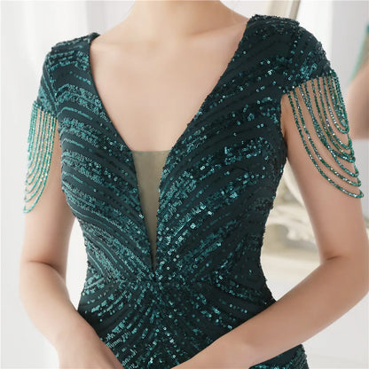 YIDINGZS Deep V Neck Green Sequin Evening Dress Sexy Party Maxi Dress Women Beading Dress Long Prom Dress