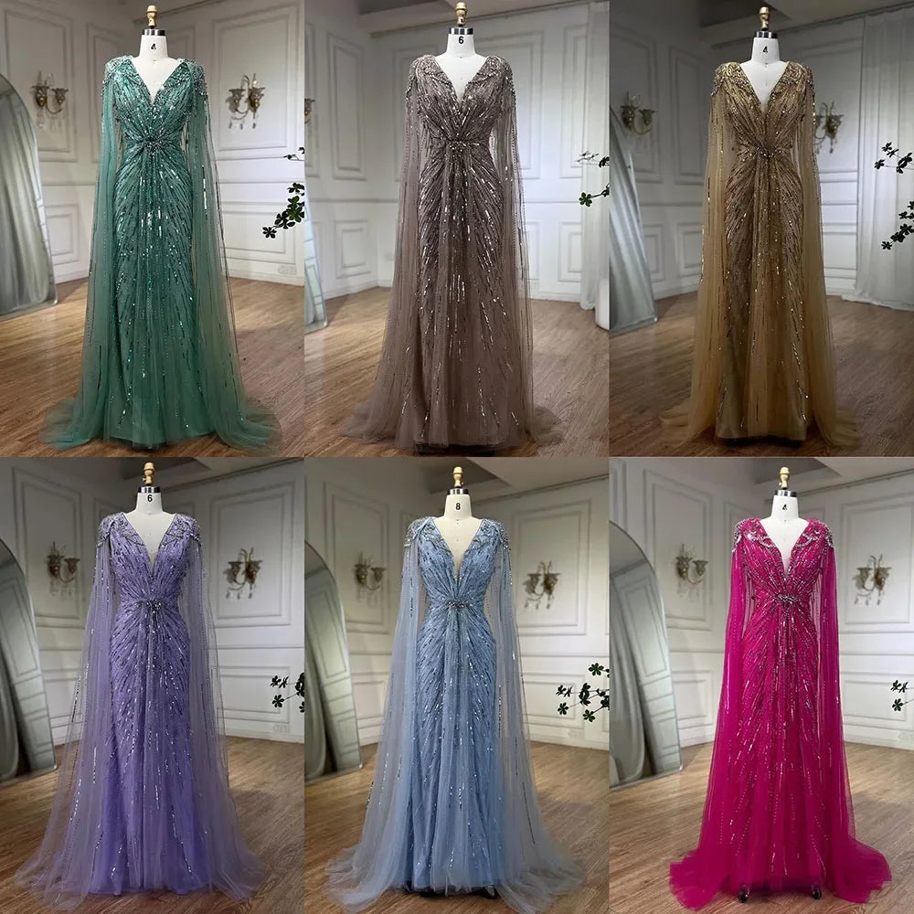 Serene Hill Turquoise Mermaid Evening Dresses Gowns 2024 with Beaded  With Cape for Women's Wedding Party LA72168A