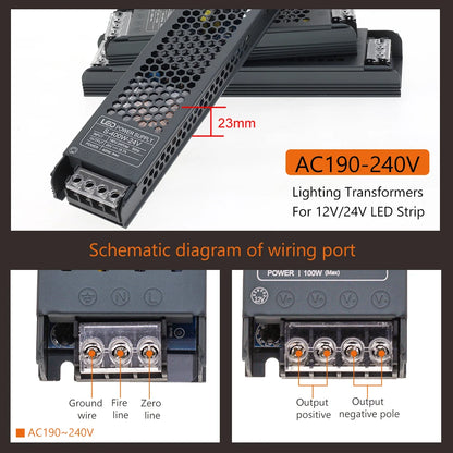 DC 12V 24V LED Power Supply AC190-240V Mute Lighting Transformers 60W 100W 200W 300W 400W LED Light Driver Power Adapter