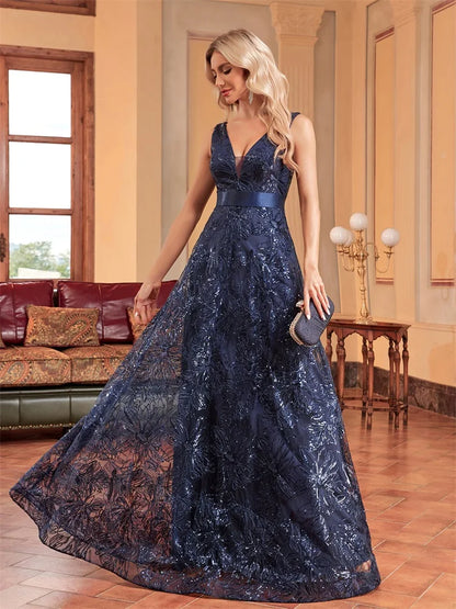 Lucyinlove Luxury Sexy Deep V-Neck Sequins Blue Evening Dress Women Elegant V-back Wedding Party Long Prom Cocktail Dress