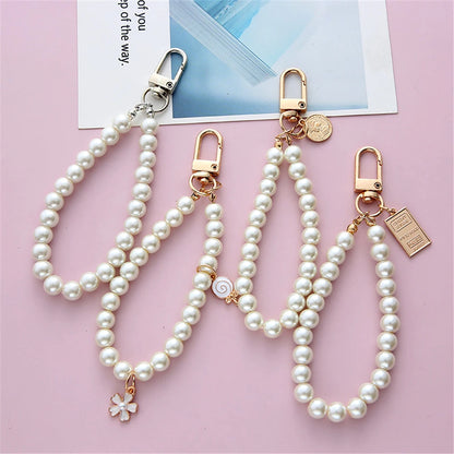 Simulated Pearl Key Chain for Aorpods Bag Pendant Wrist Beaded Key Holder for Women Mobile Phone DIY Accessories