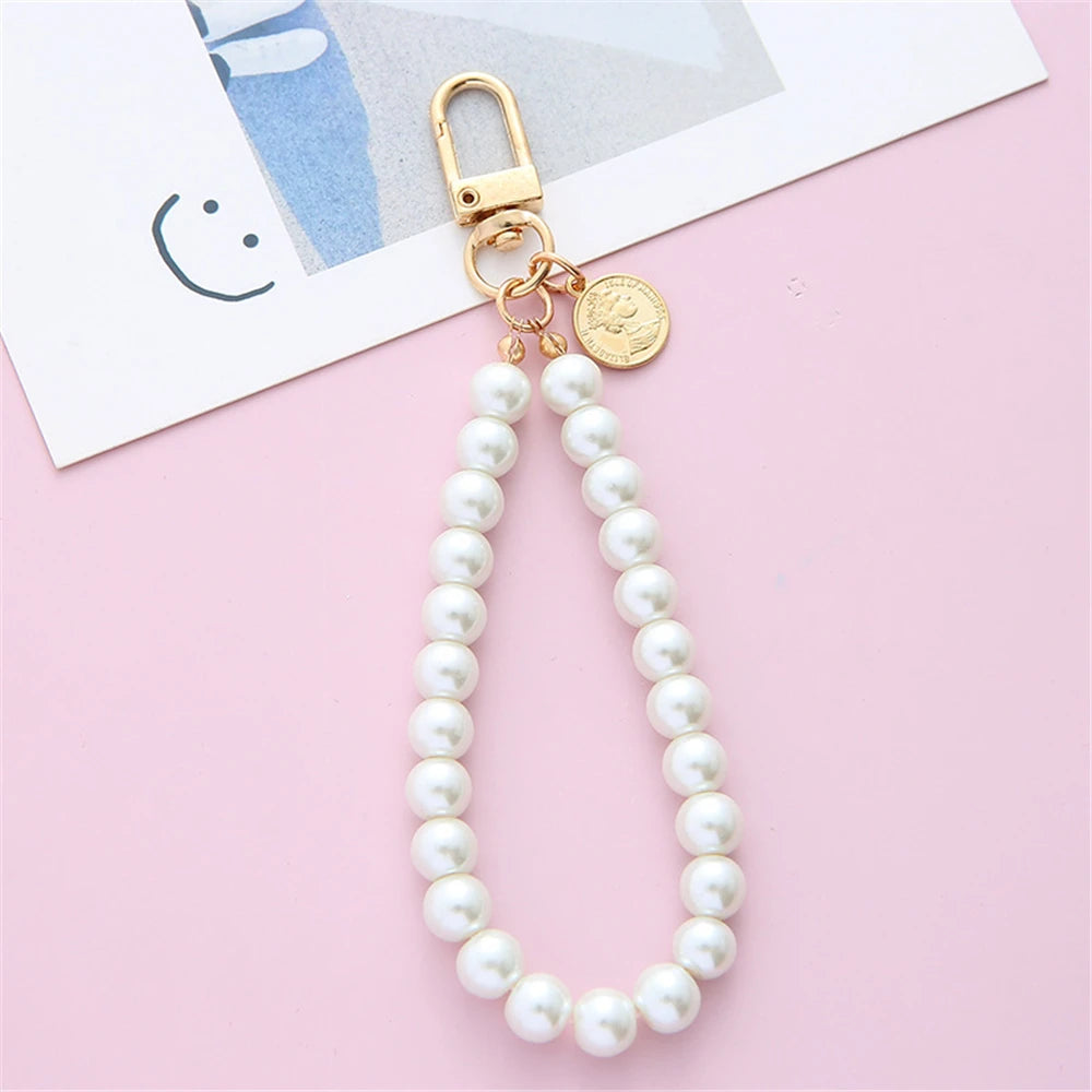 Simulated Pearl Key Chain for Aorpods Bag Pendant Wrist Beaded Key Holder for Women Mobile Phone DIY Accessories