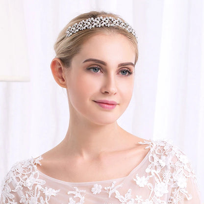 Silver Rhinestone Hair Crown with Ivory Pearl Vintage Crystal Bridal Wedding Tiara Bride Headpiece Crowns