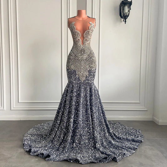 Sexy Long Sparkly Prom Dresses 2024 Sheer O-neck Luxury Silver Crystals Diamond Sequin Mermaid Black Girl Prom Party Gowns