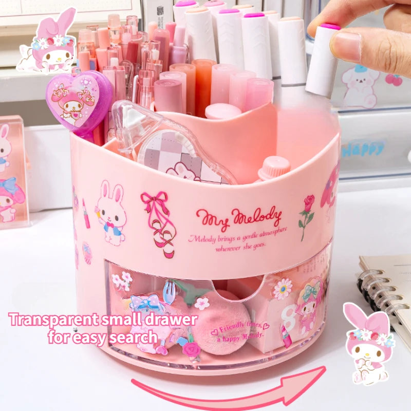 Miniso Sanrio Rotating Pen Holder Storage Box Desk Organizer & Kawaii Sanrio Cinnamoroll Stickers Cute Stationery Storage Girls