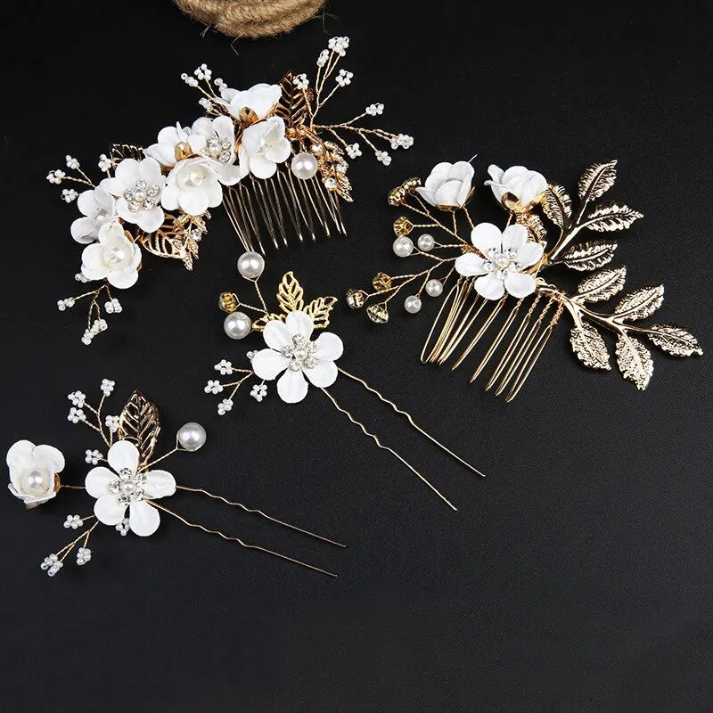 European and N Gold Leaf Plate Hair Headdress Handmade Bride Crown Headdress Flowers Inserted Comb Hair Ornaments 4-piece Set