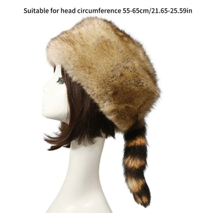 Plush Russian Style Flat Top Hat Winter Mongolian Hat Thicken Plush Raccoon Tail Hat for Adult Teens Keep Warm Hat Wholesale