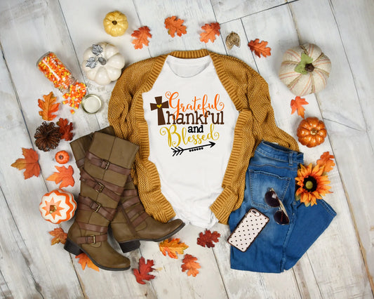 Grateful Thankful And Blessed T Shirt Thankgiving Cute Fall Autumn Thanksgiving Day Pumpkin Funny