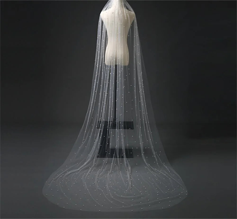 Pearls Bridal Veil Soft 1 Tier Beaded Wedding Veil for Bride Cathedral Length with Comb Wedding Accessories