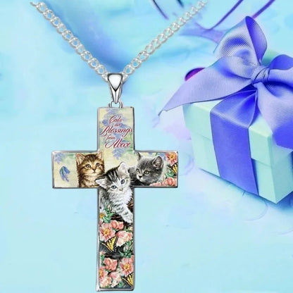 Stylish and Exquisite Three Cats Cross Pendant Necklace for Kid Christian Religious Jewelry Accessories for Friend Birthday Gift