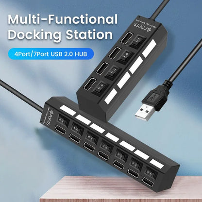 USB 2.0 Hub Multi USB Splitter Ports Hub Use Power Adapter4/ 7 Port Multiple Expander Hub with Switch 30CM Cable For Home