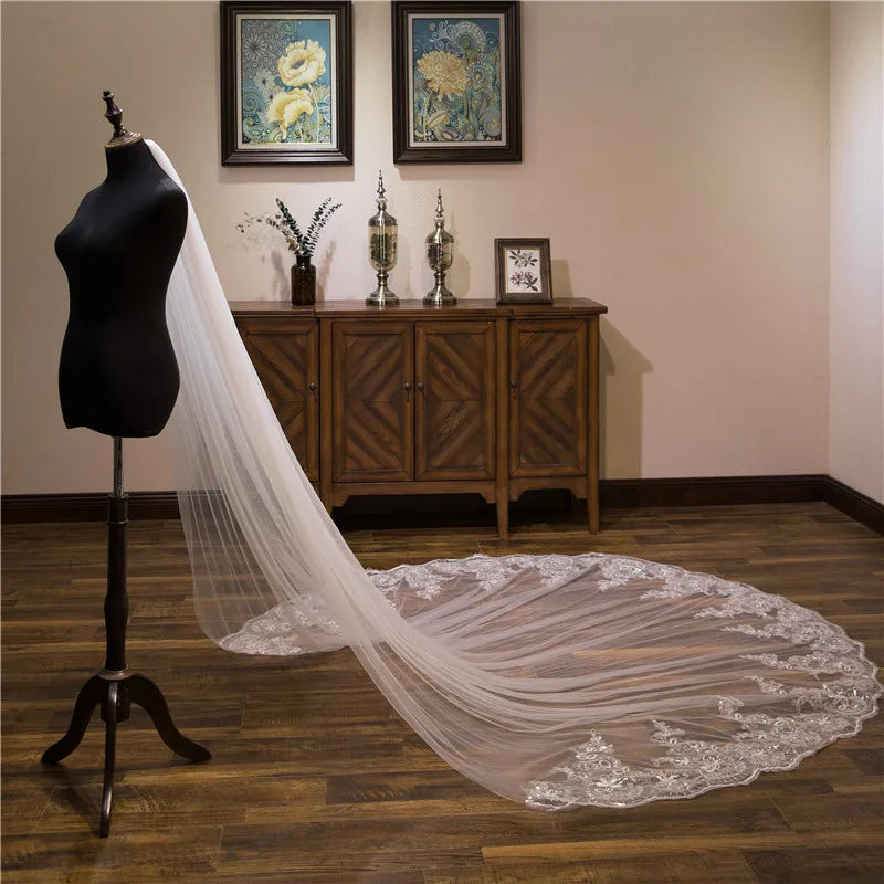 Wholesale white Ivory 3*3 Meter Cathedral wedding veils Lace Appliques Bridal veil