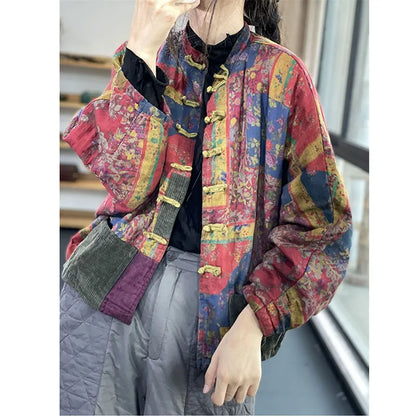 Corduroy Retro Printed Jacket For Women's Autumn And Winter 2024 New Cotton And Linen Cardigan for women's Chinese Style Button