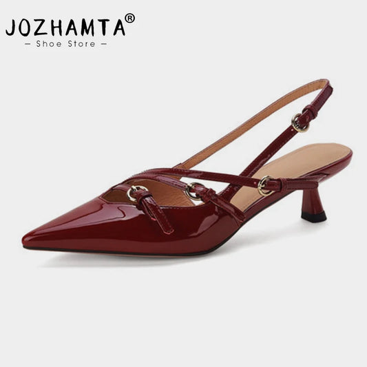 JOZHAMTA Size 34-42 Women Heeled Sandals Retro Rome High Heels Shoes For Women Summer 2024 INS Real Leather Buckle Heel Sandal