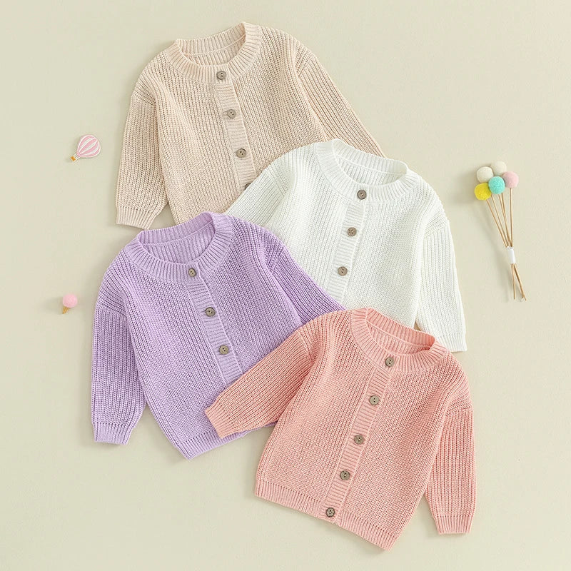 0-18 Months Baby Girls Knit Cardigan Cute Long Sleeve Round Neck Solid Color Button Down Sweater Fall Winter Tops