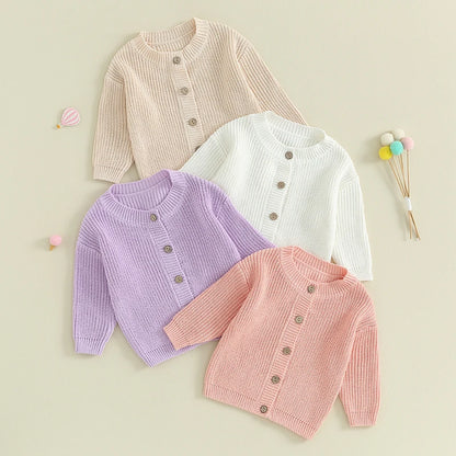 0-18 Months Baby Girls Knit Cardigan Cute Long Sleeve Round Neck Solid Color Button Down Sweater Fall Winter Tops