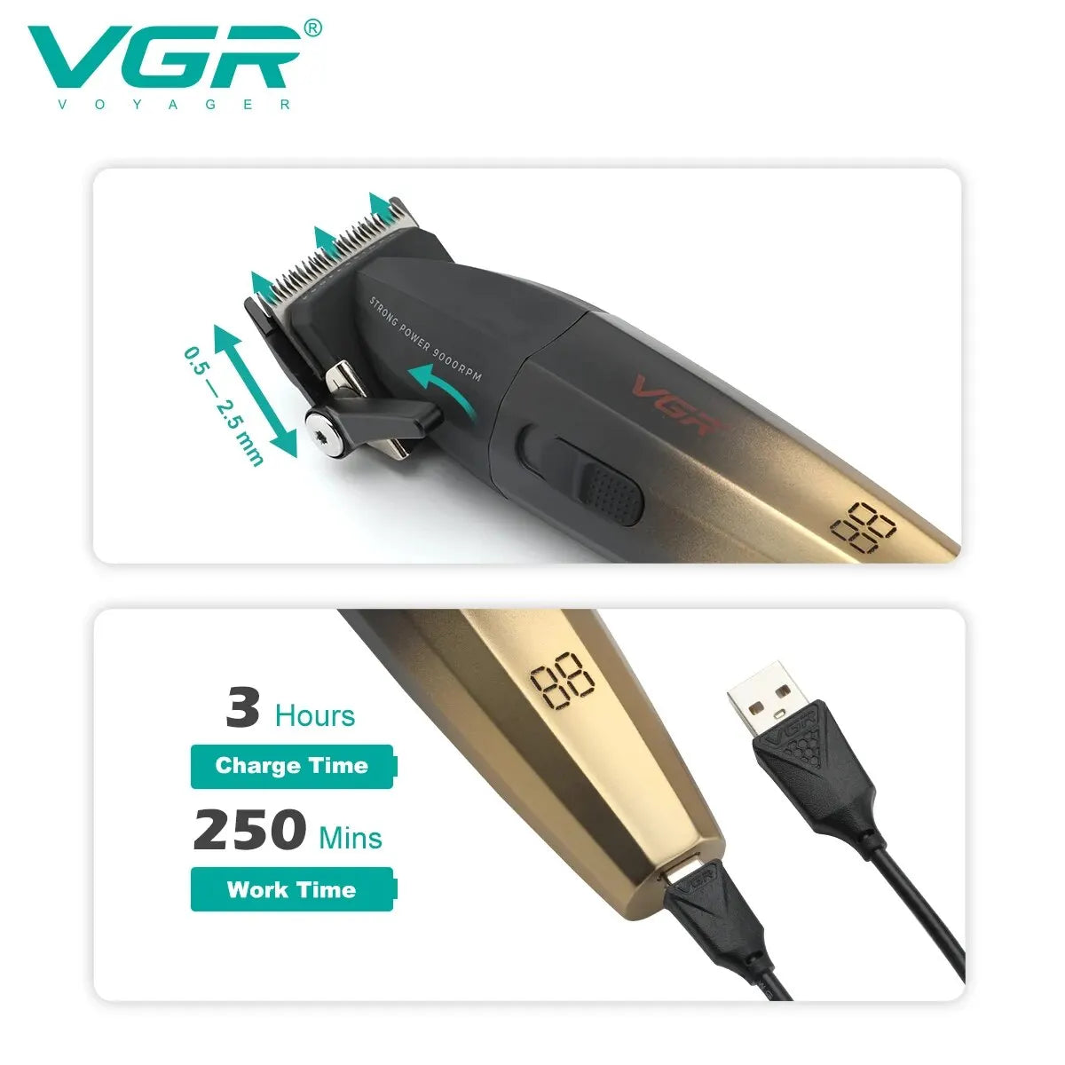 VGR Hair Clipper Professional Hair Trimmer Electric Clippers Cordless Hair Cutting Machine 9000RPM Trimmer Clipper for Men V-003