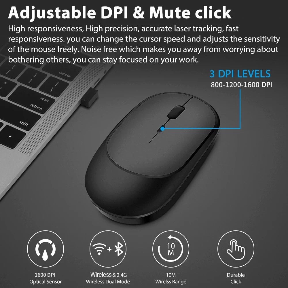 Wireless Mouse Rechargeable Mouse Gamer Dual Modes Bluetooth-compatible 2.4G USB Mute Mice For Laptop Pad Tablet Macbook Mause