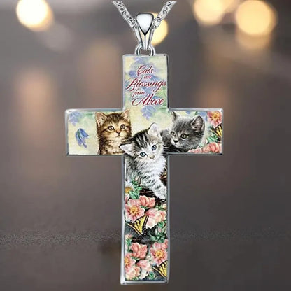 Stylish and Exquisite Three Cats Cross Pendant Necklace for Kid Christian Religious Jewelry Accessories for Friend Birthday Gift