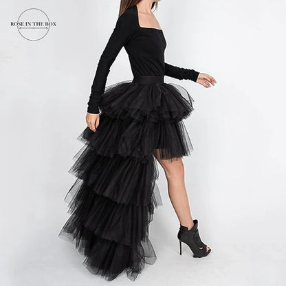 Women's High Low Maxi Tutu Skirts Elastic Waist Jupon Tulle Layered Fluffy Princess Special Occasion Wedding Party Skirt