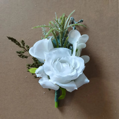 Boutonnieres Flowers Artificial White Roses Silk Ivory Corsage Buttonhole Groomsmen Boutonniere for Men Wedding Accessories