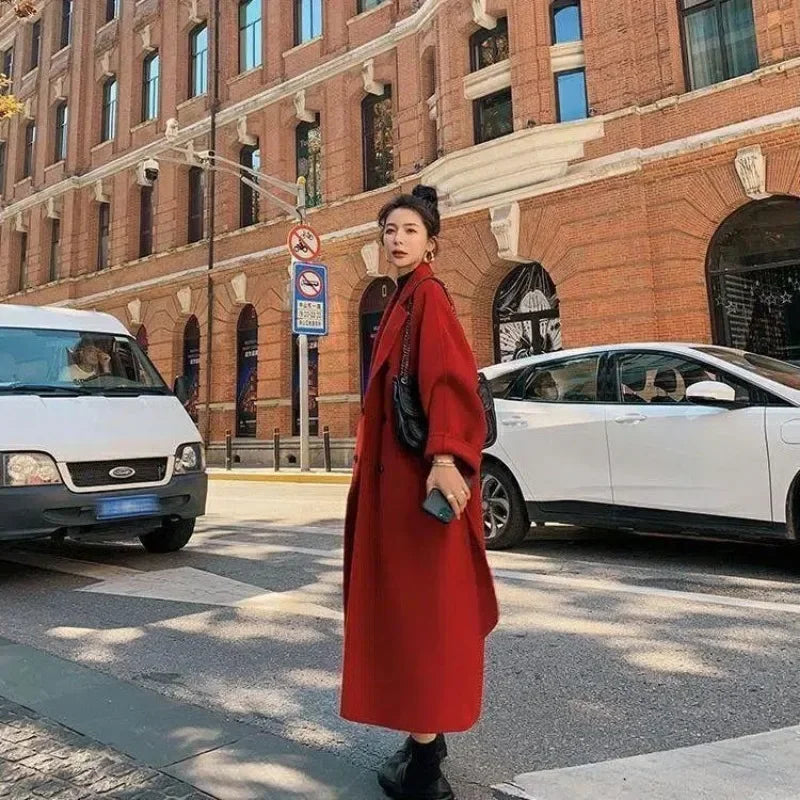 In 2023 The New Large Size 300 Kg Hepburn Style Red Woolen Coat for Women Autumn and Winter Fat Mm Loose Long Thick Woolen Coat