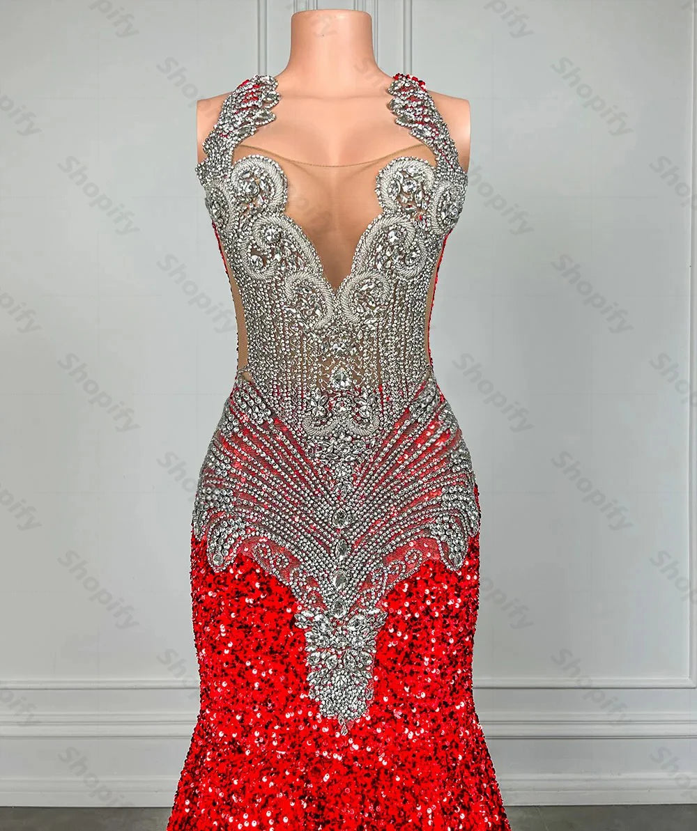 Sparkly Red Sequin Mermaid Prom Dresses 2024 Luxury Silver Crystal Beaded Sheer Neck Long Prom Gowns for Black Girls