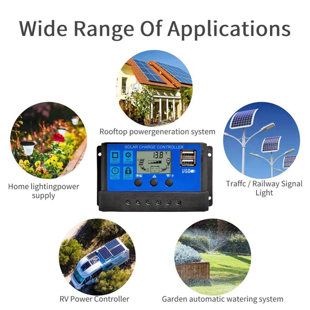 Solar Panel Controller 10A20A30A 12V24V Auto Battery Charge Regulator PWM Controller LCD Dual USB for PV Home