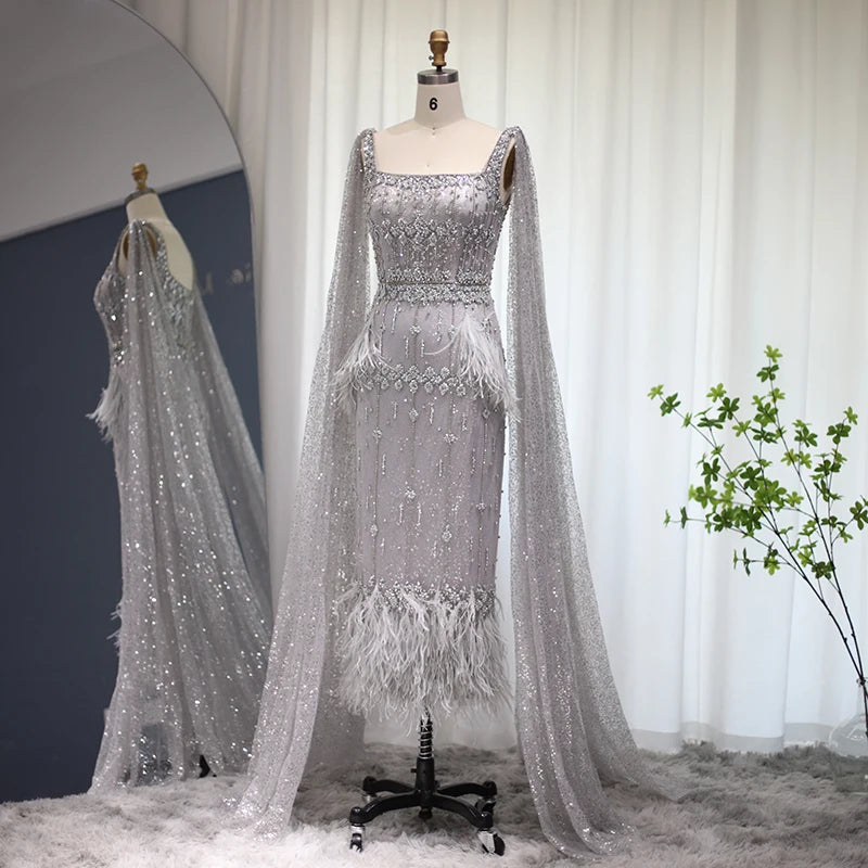 Sharon Said Bling Gray Mermaid Arabic Evening Dress with Cape Luxury Feather Dubai Formal Dresses for Women Wedding Party SS279