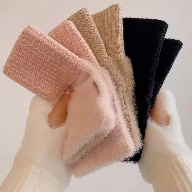 1pair Mink Fleece Soft Winter Half Finger Gloves Women Warm Luxury Plush Knitted Fingerless Gloves Girls Wrist Mittens Writting