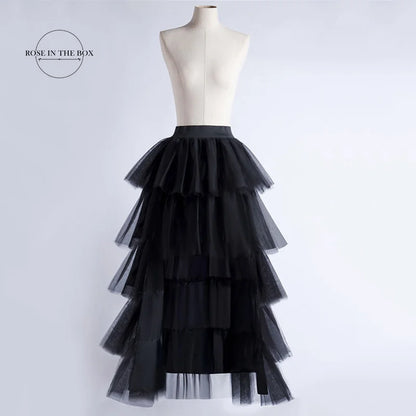 Women's High Low Maxi Tutu Skirts Elastic Waist Jupon Tulle Layered Fluffy Princess Special Occasion Wedding Party Skirt