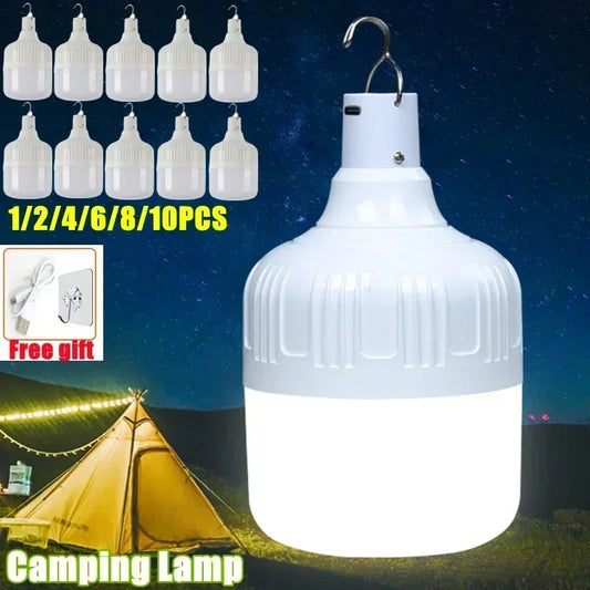 1/2/4/6/8/10pcs Camping Light USB Rechargeable LED Emergency Lamp Outdoor Portable Lanterns with Hook for BBQ Tents Battery Bulb