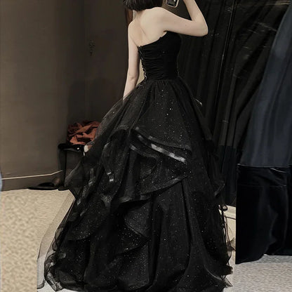 Temperament Black Elegant Wedding Party Dresses Strapless Tiered Draped Prom Robe 2024 New Ball Gown Formal Dress Women Vestidos