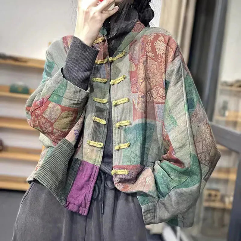 Corduroy Retro Printed Jacket For Women's Autumn And Winter 2024 New Cotton And Linen Cardigan for women's Chinese Style Button