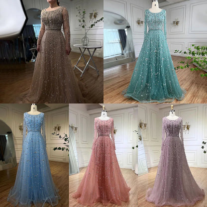 Serene Hill Dubai Arabic Designer Luxury Nude A Line Beaded Evening Dresses Gowns For Women Wedding Party 2024 LA72088