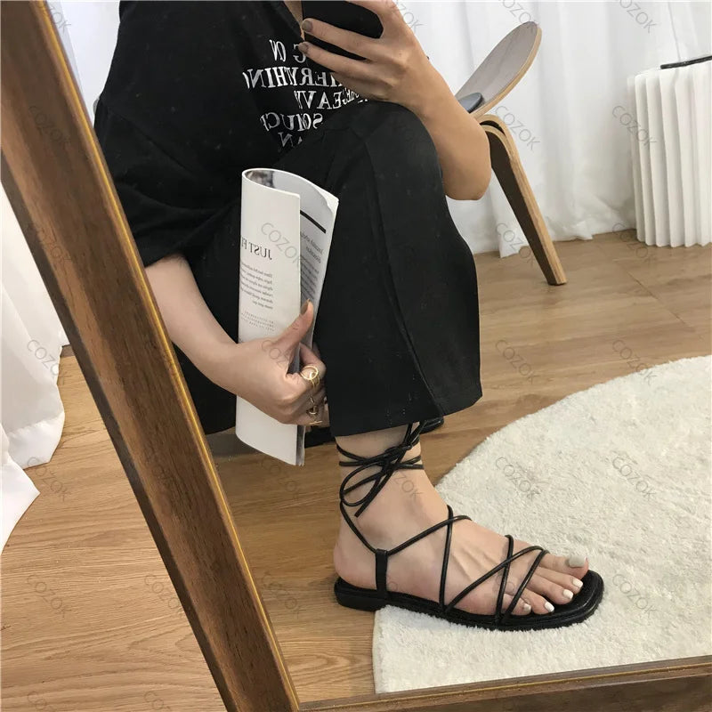 Sandals Women Summer New 2024 Beach Fashion Sexy Flat Casual Cross-Tie Open Toe Fairy Style Narrow Band Shoes Black Rome Sandals