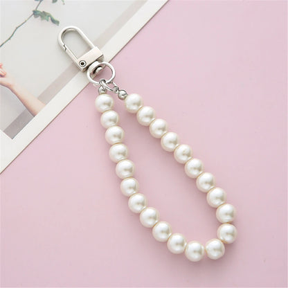 Simulated Pearl Key Chain for Aorpods Bag Pendant Wrist Beaded Key Holder for Women Mobile Phone DIY Accessories