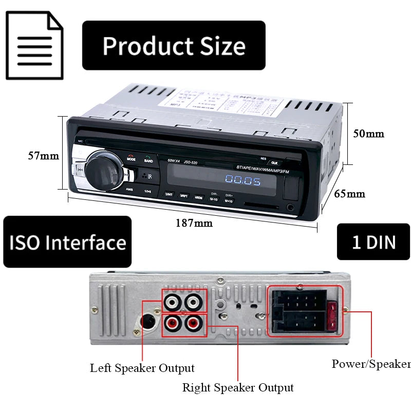 Car Radio 1 din Stereo Multimedia MP3 Player Digital Bluetooth FM ISO Power Aux Input USB Bluetooth Universal Autoradio