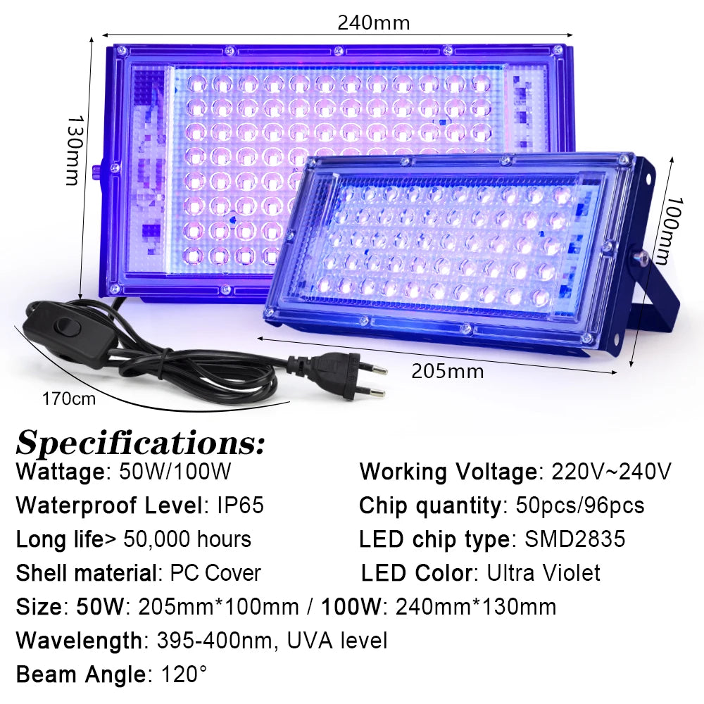 395nm 400nm Led UV Floodlight 220V Ultraviolet Stage Lamp 50W 100W LED Stage Blacklight Waterproof Disco Party Stage Backlight