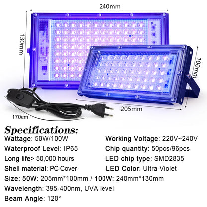 395nm 400nm Led UV Floodlight 220V Ultraviolet Stage Lamp 50W 100W LED Stage Blacklight Waterproof Disco Party Stage Backlight