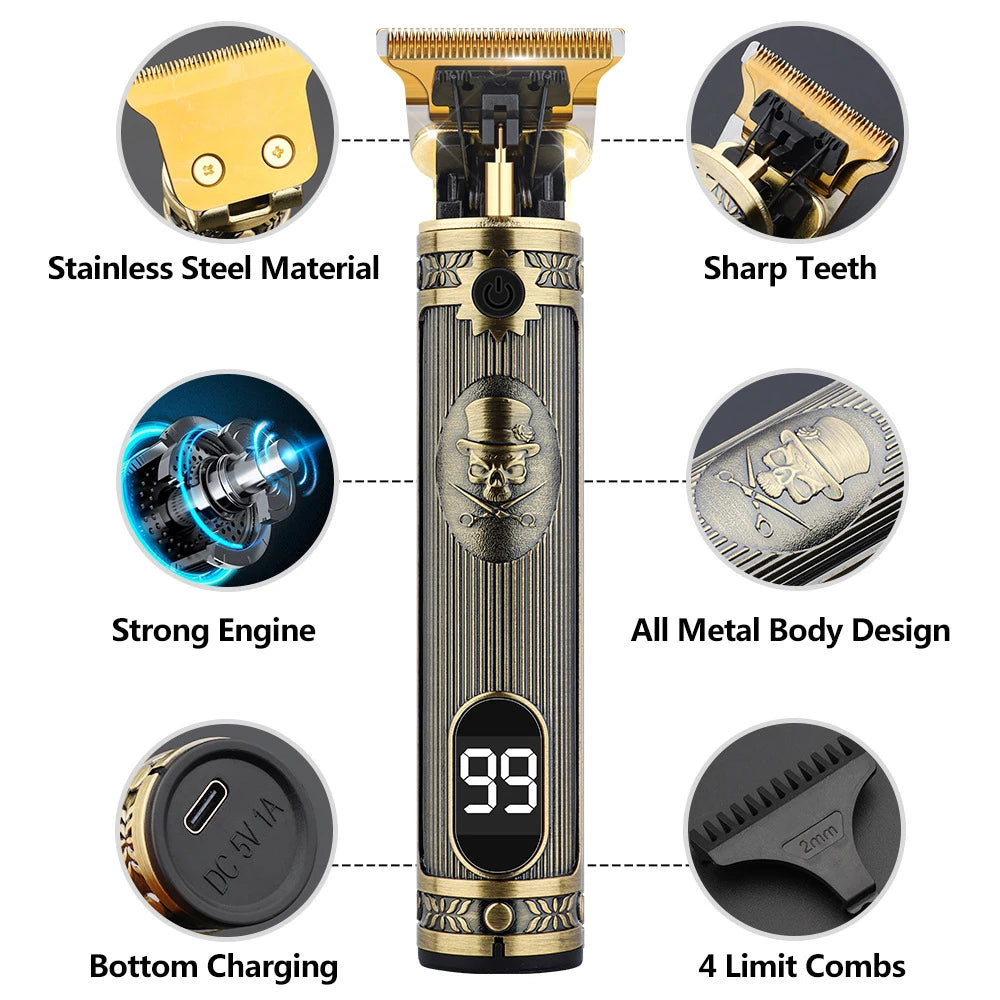 Digital Display Stainless Steel Cutter Head Professional T9 Hair Trimmer Metal Body Men's Electric Shaver Men's Barber Machine