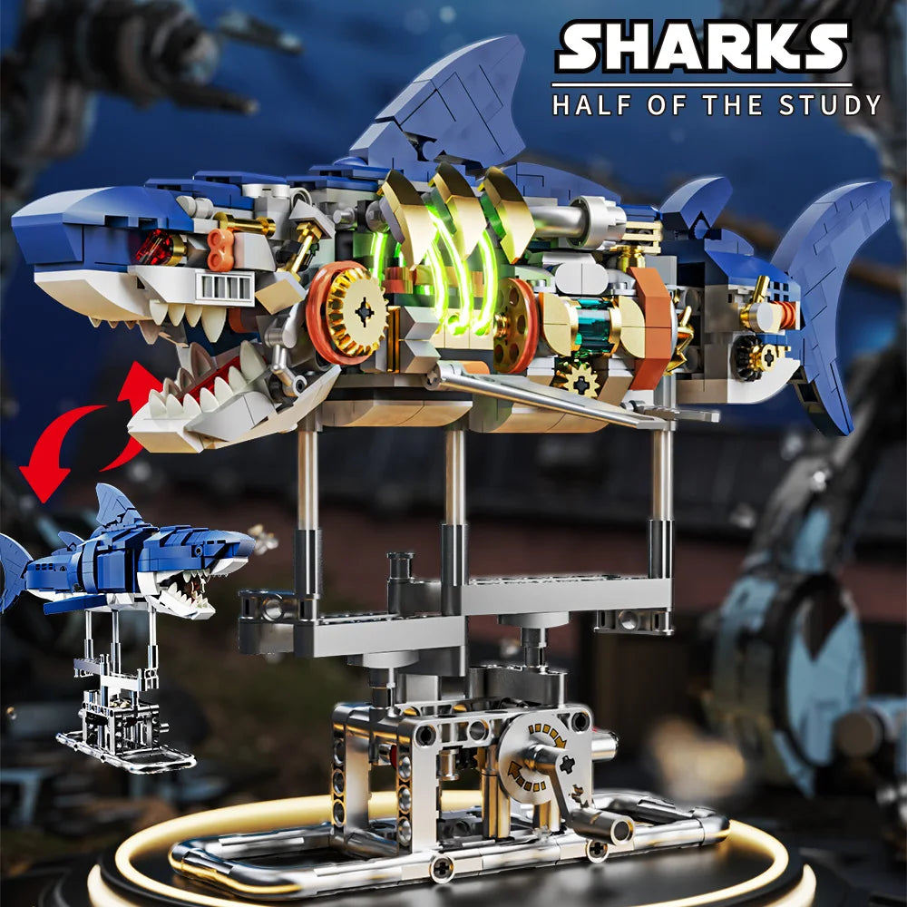 Mechanical Shark Building Set, Shark Sea Life Building Blocks Set with Display Stand and Lights, Block Gift for Kids and Adults