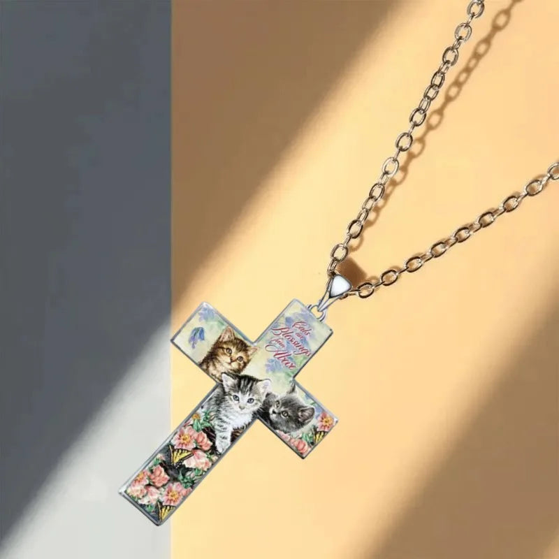 Stylish and Exquisite Three Cats Cross Pendant Necklace for Kid Christian Religious Jewelry Accessories for Friend Birthday Gift