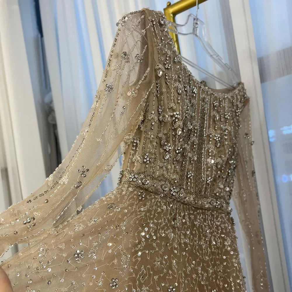 Serene Hill Dubai Arabic Designer Luxury Nude A Line Beaded Evening Dresses Gowns For Women Wedding Party 2024 LA72088